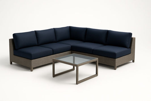 Ensemble de canapé d'angle modulable en rotin synthétique marron avec coussins bleu