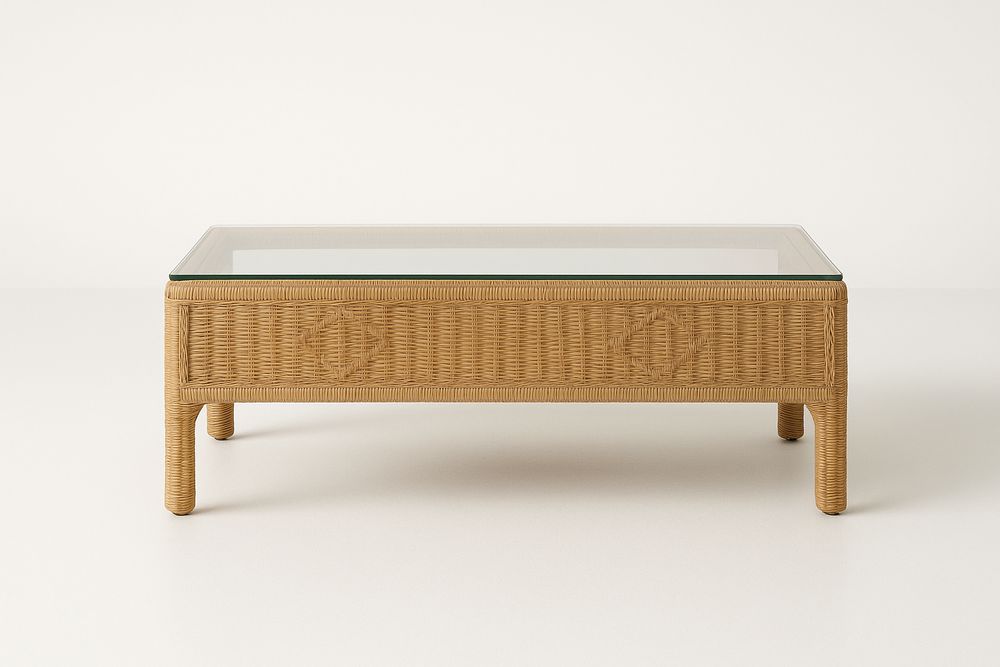 Table basse en rotin avec plateau en verre