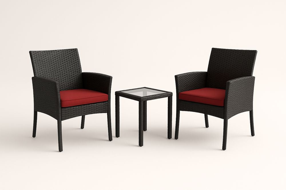 Ensemble de mobilier de jardin en résine noire avec coussins rouges et table en verre