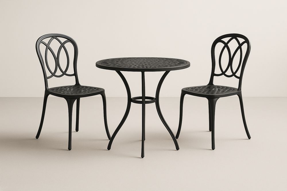 Ensemble table ronde en métal noir avec deux chaises