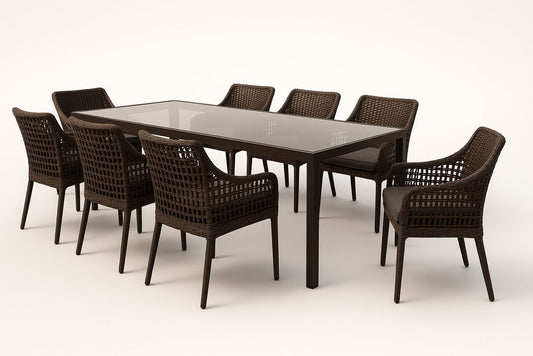 Table en verre brun avec 8 chaises en rotin