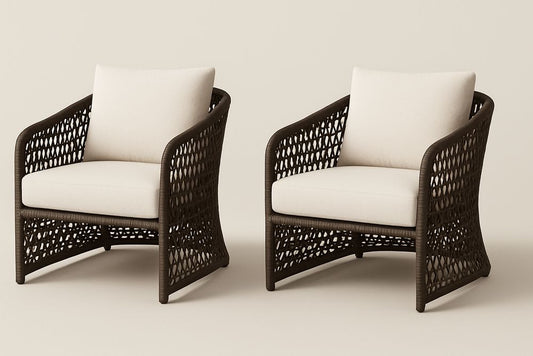 Chaises de jardin en résine tressée marron avec coussins beiges 2 pièces