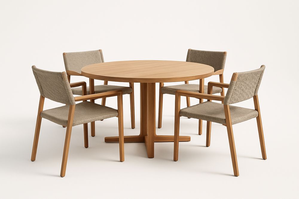 Table en bois avec 4 chaises en tissu beige