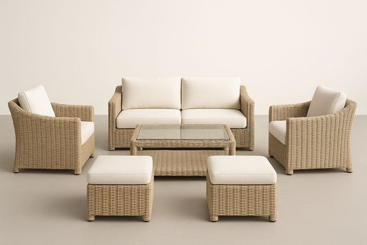 Ensemble de Salon de Jardin en Résine Tressée Beige avec Coussins Crème et Table Basse en Verre Trempé
