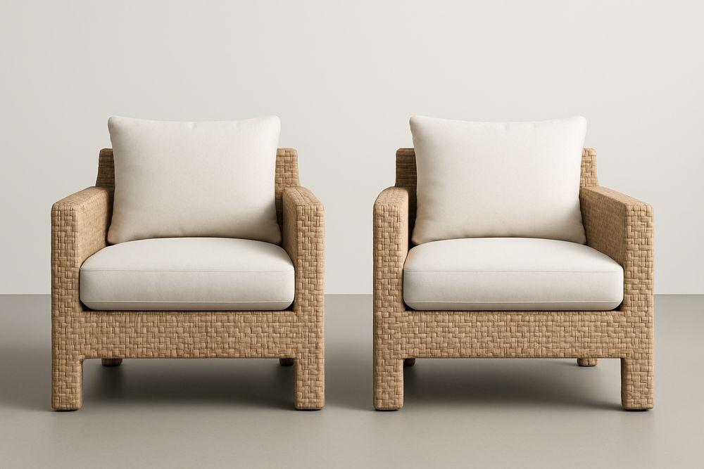 Ensemble de 2 fauteuils en résine tressée beige avec coussins blancs
