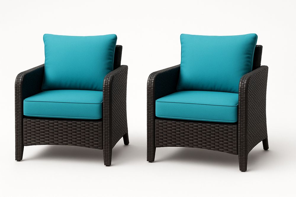 Lot de 2 fauteuils d'extérieur en rotin synthétique brun coussins turquoise